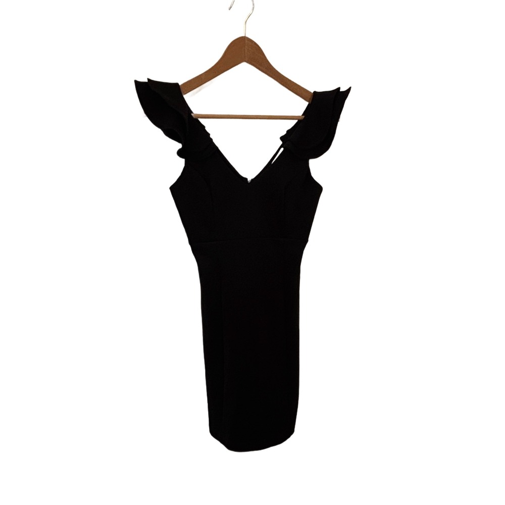 Mystic Black V-Neck Ruffle Sleeve Bodycon Mini Dress Small Made in‎ USA